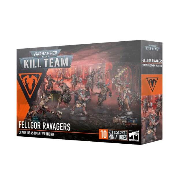 Product packaging for 40K Kill Team Fellgor Ravagers miniature figures, featuring illustrations of the Beastmen RAIDERS and Chaos Space Marine armies.