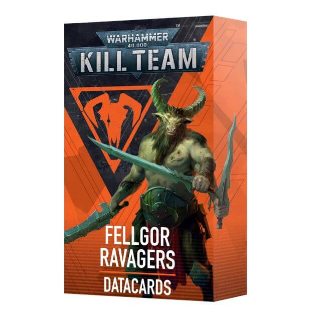 Packaging for 40K Kill Team Fellgor Ravagers Datacards featuring an illustration of a fantasy creature, with orange and black color theme and the product name displayed.