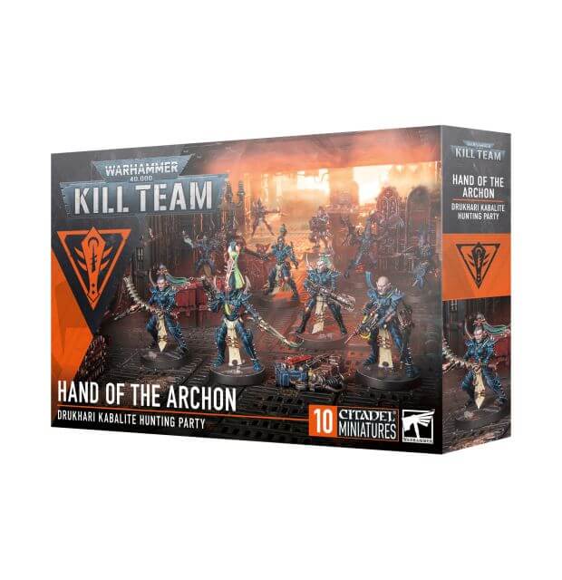 Product packaging for Warhammer 40,000 Kill Team Hand of the Archon, featuring illustrations of the Archon and his entourage.