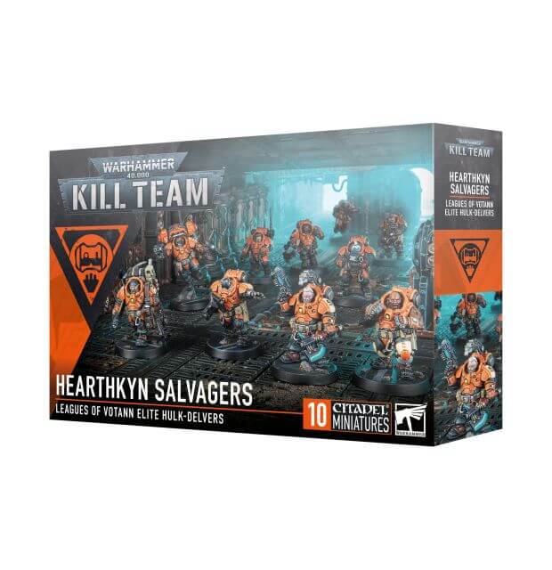 Product packaging for 40K Kill Team Hearthkyn Salvagers featuring illustrations of small, detailed miniature figures.