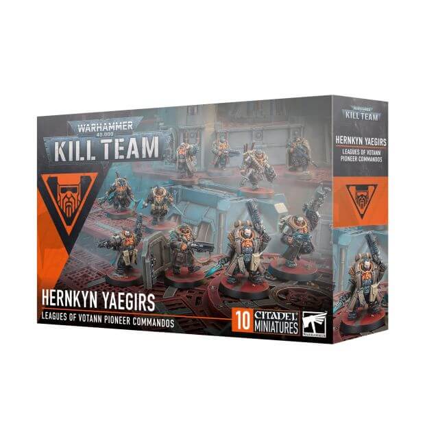 Packaging for 40K Kill Team Hernkyn Yaegirs miniatures, featuring images of the characters and weapons, with orange and black branding.
