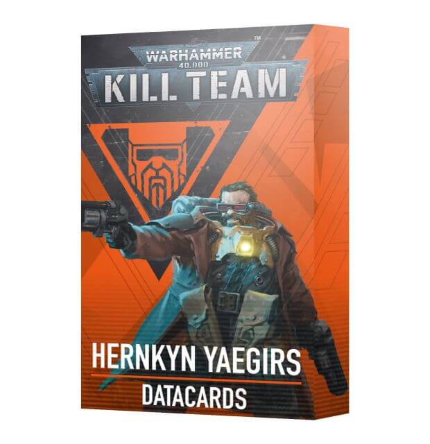 Packaging for Warhammer 40,000 Kill Team Hernkyn Yaegirs Datacards, featuring an illustration of a space marine.