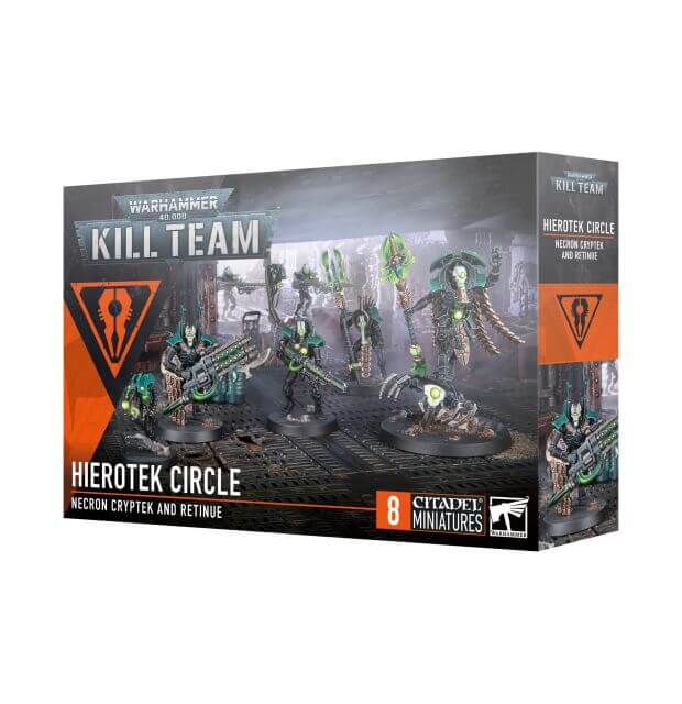 Product packaging for Warhammer 40,000 Kill Team Hierotek Circle, featuring miniatures of alien creatures and vehicles.