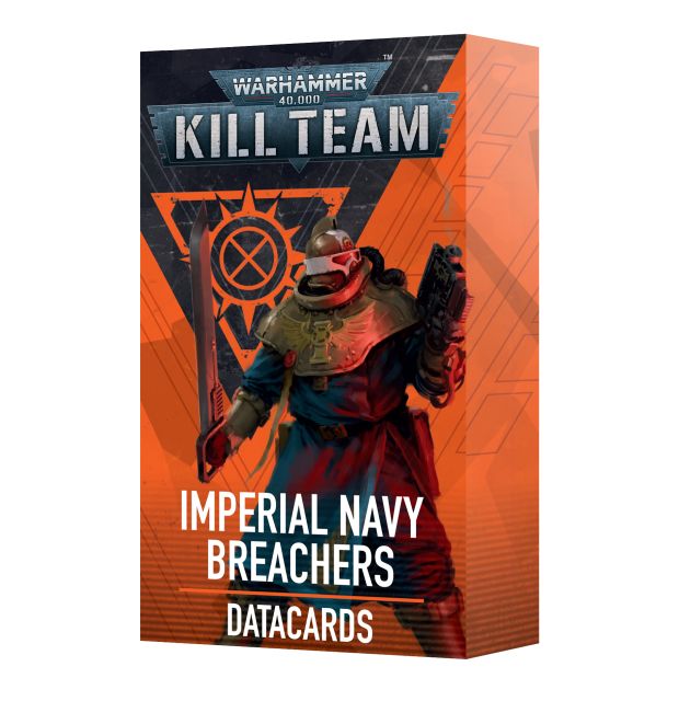 Box of Warhammer 40,000 Kill Team Imperial Navy Breachers datacards on an orange and blue background