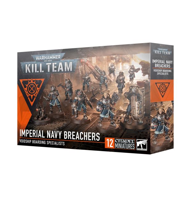 Box of Warhammer 40k Kill Team Imperial Navy Breachers miniatures on a white background