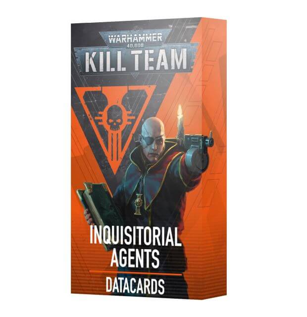 Packaging for 40K Kill Team Inquisitorial Agents Datacards featuring an illustration of a character with a gun, predominantly orange and black in color, with the text 'INQUISITORIAL AGENTS DATA CARDS' and 'Warhammer 40,000 KILL TEAM'.