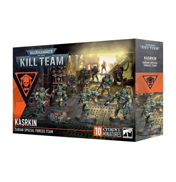 Boxed miniature set for Warhammer 40,000 Kill Team, featuring Cadia's special forces, the Kasrkin, with various weapons and gear.