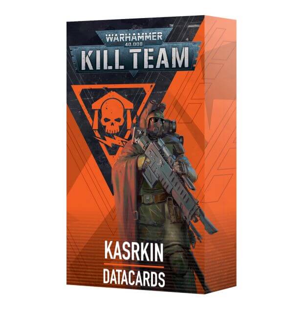 Packaging for 40K Kill Team Kasrkin Datacards featuring illustrations of a character with a gun and a skull emblem, with a predominantly orange and black color scheme.