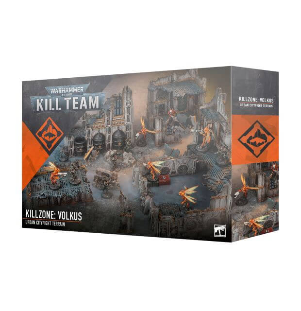 Packaging for 40K Kill Team Killzone Volkus game, featuring illustrations of space marine characters and battle scenes.