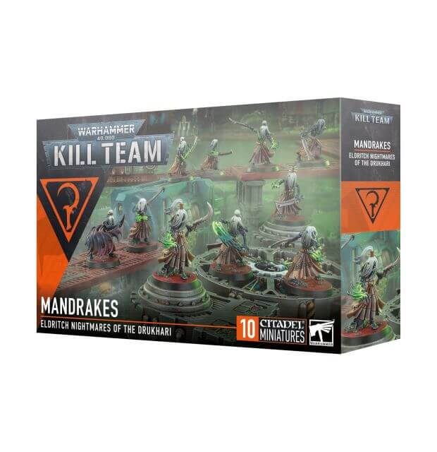 Packaging for 40K Kill Team Mandrakes 2024 miniature figures, featuring 10 Mandrakes on display with a box of the same design.