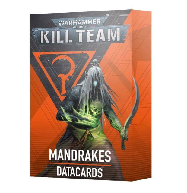 Packaging for 40K Kill Team Mandrakes Datacards featuring illustrated fantasy creature with a gun
