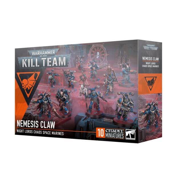 Boxed set of 10 Nemesis Claw Chaos Space Marines miniatures from Warhammer 40,000 Kill Team, featuring various weapons and accessories.
