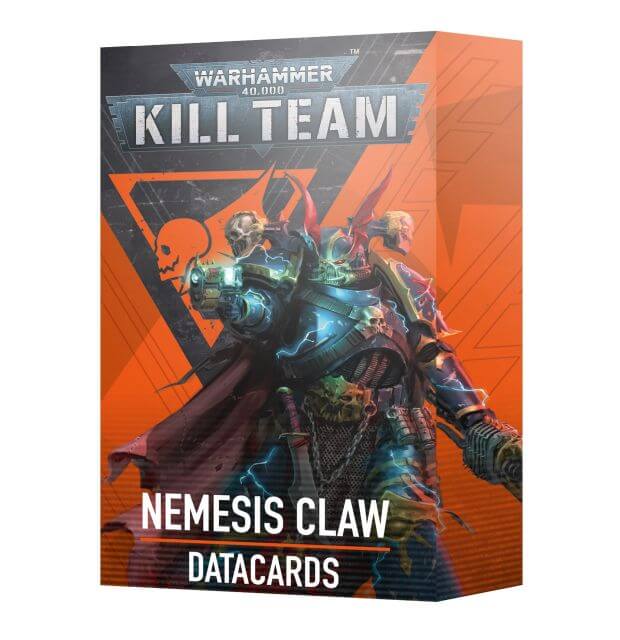 Packaging for 40K Kill Team Nemesis Claw Datacards featuring illustrated characters and the product name on a red and black background.