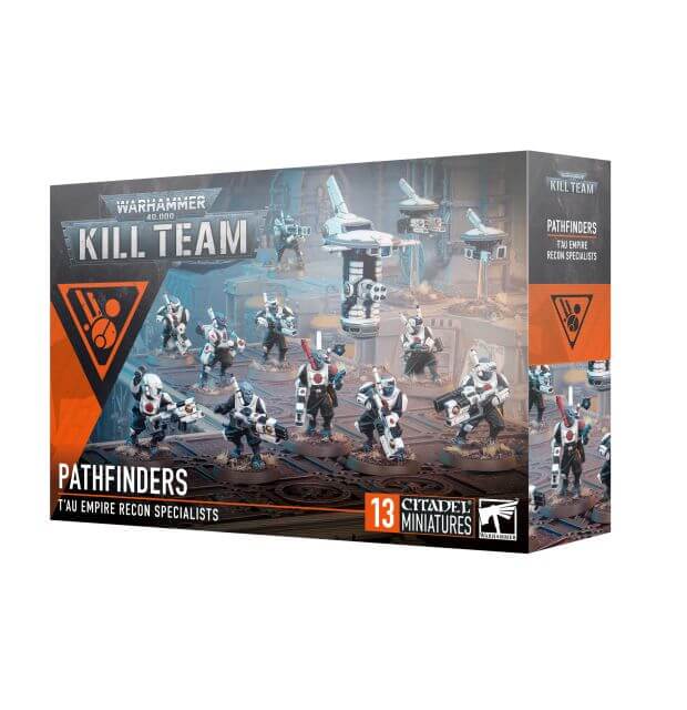 Box packaging for 40K Kill Team Pathfinders miniatures set, featuring images of the miniatures.