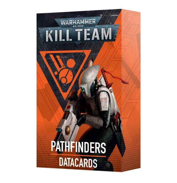 Packaging for 40K Kill Team Pathfinders Datacards featuring an illustration of a space marine in a suit, with orange and black branding.