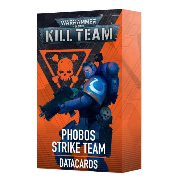 Packaging for 40K Kill Team Phobos Strike Team Datacards featuring an illustration of a space marine with a gun, against an orange and black background with the Warhammer 40,000 and Kill Team logos.