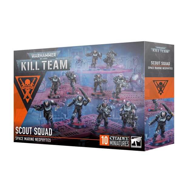 Boxed set of 40K Kill Team Scout Squad miniatures featuring 10 Space Marines in various poses. The packaging includes the text 'Scout Squad' and indicates the miniatures are for use in both Warhammer 40,000 and Kill Team games.