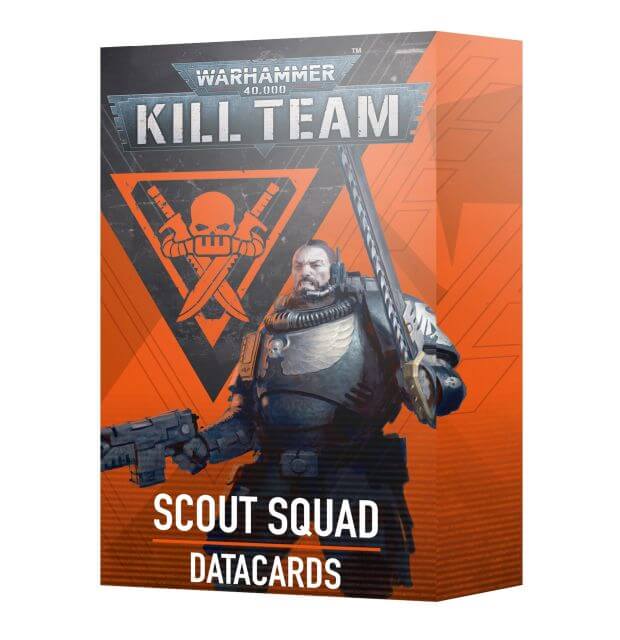 Packaging for 40K Kill Team Scout Squad Datacards featuring illustrations of a space marine and a space marinecorporal against a orange and black background.