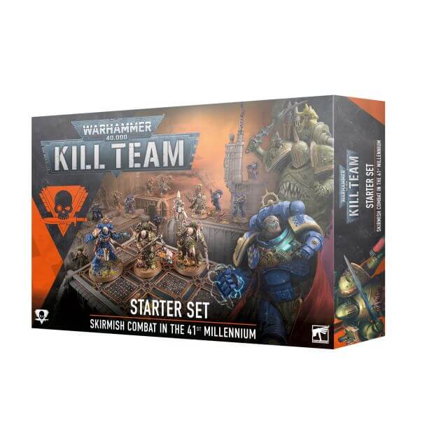 Packaging for the Warhammer 40,000 Kill Team Starter Set featuring miniatures and text on the box.