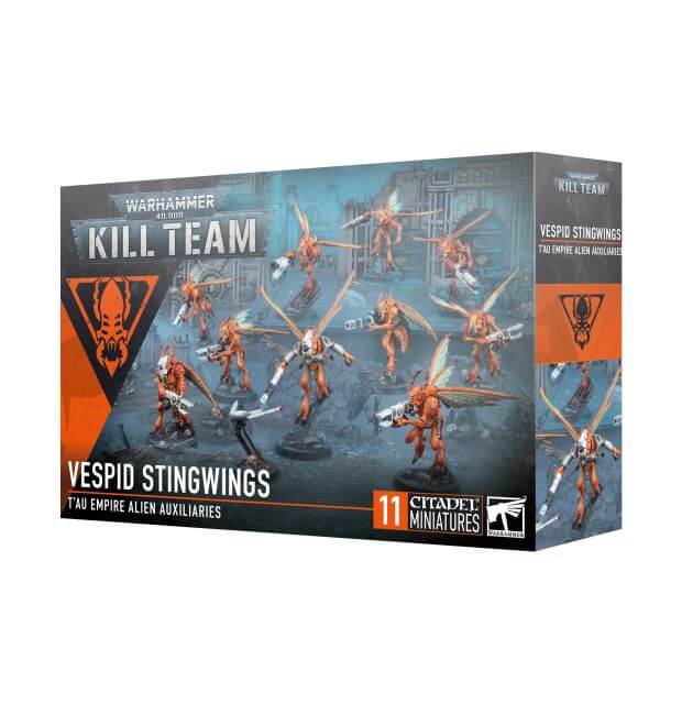 Box packaging for Warhammer 40,000 Kill Team T'au Empire Vespid Stingwings miniature figures featuring artwork with multiple figures in action poses.