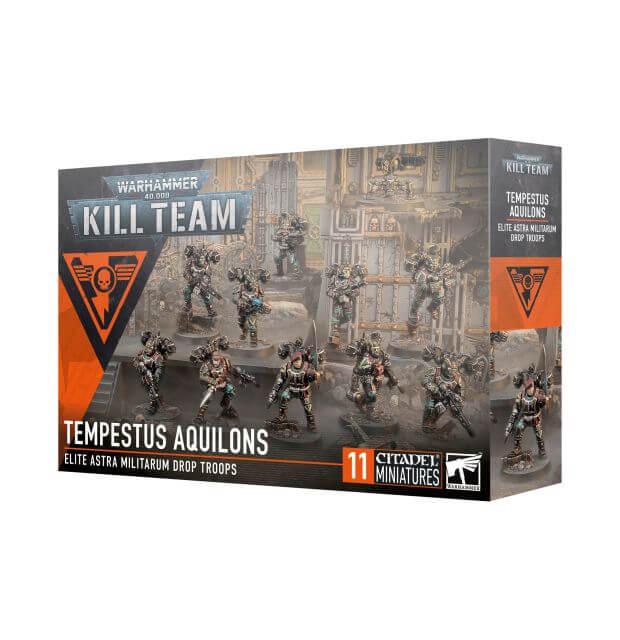 Packaging for Warhammer 40,000 Kill Team Tempestus Aquilons miniatures game, featuring illustrations of the miniatures in action.