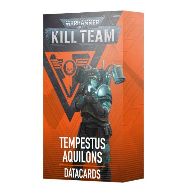Packaging for 40K Kill Team Tempestus Aquilons Datacards featuring a illustrated character on the front.