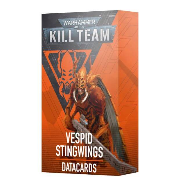 Packaging for Warhammer 40,000 Kill Team Vespid Stingwings Datacards featuring an illustration of a winged creature with a face resembling a insect, against an orange and black background.