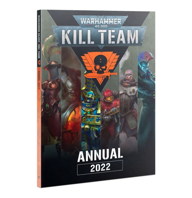 Cover of the 40K Kill Team Annual 2022 book featuring model photography of various characters and creatures, with a central emblem and the title displayed.