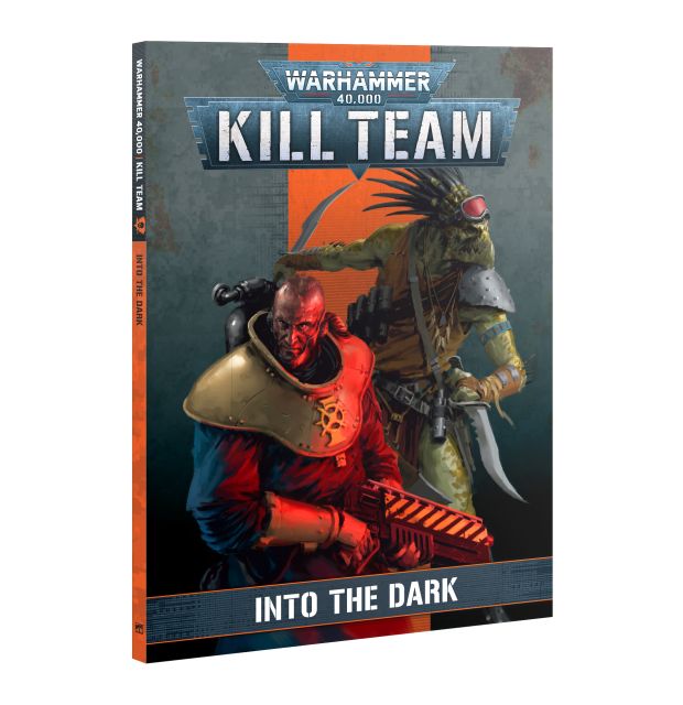 Cover of the Warhammer 40,000 Kill Team Codex Into the Dark book featuring illustrations of a space marines and an alien creature.