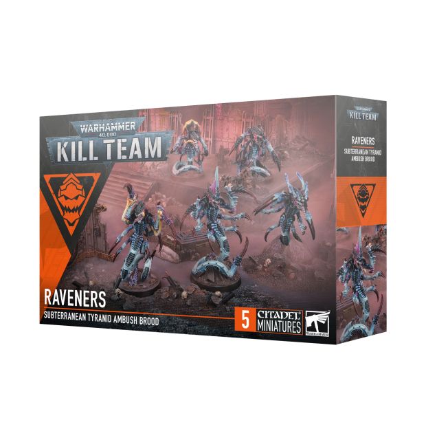 Boxed set of miniatures from Warhammer Kill Team with Raveners on a white background