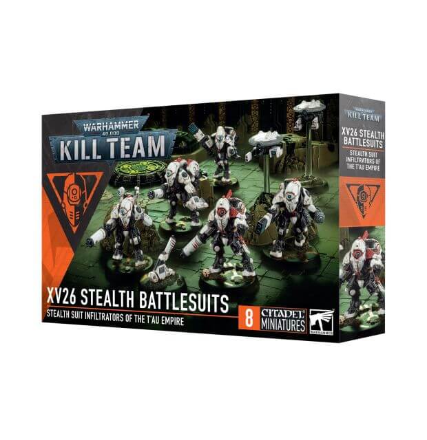 Box of Warhammer figurines featuring Stealth Battlesuits on a white background