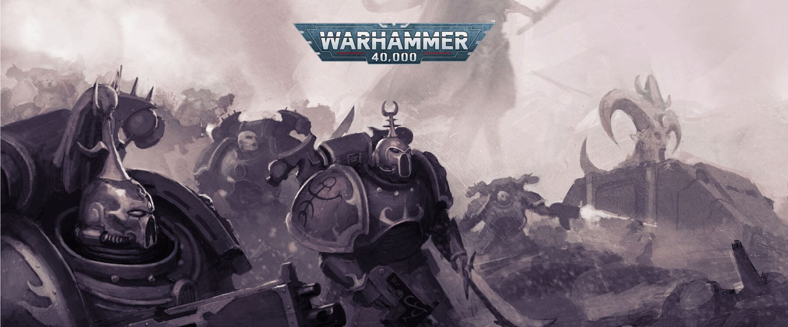 Image displaying characters from the 40k Faction Emperor's Children in a washed out, grey scale.