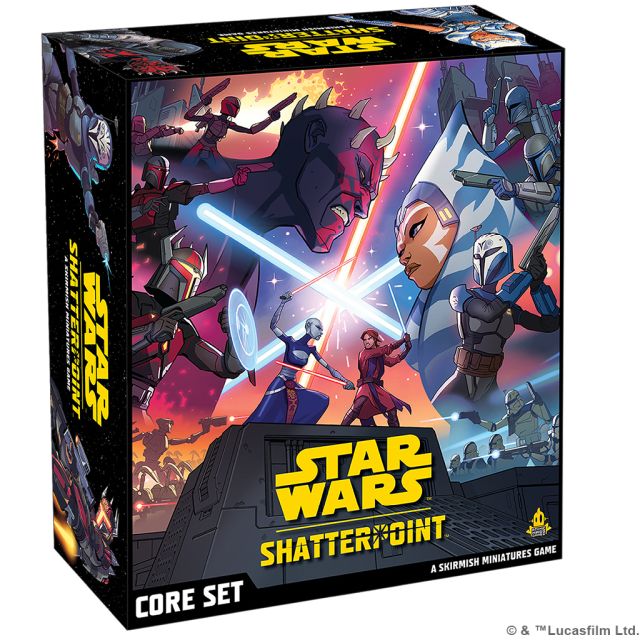 Star Wars Shatterpoint core set packaging with characters and lightsabers on a colorful background