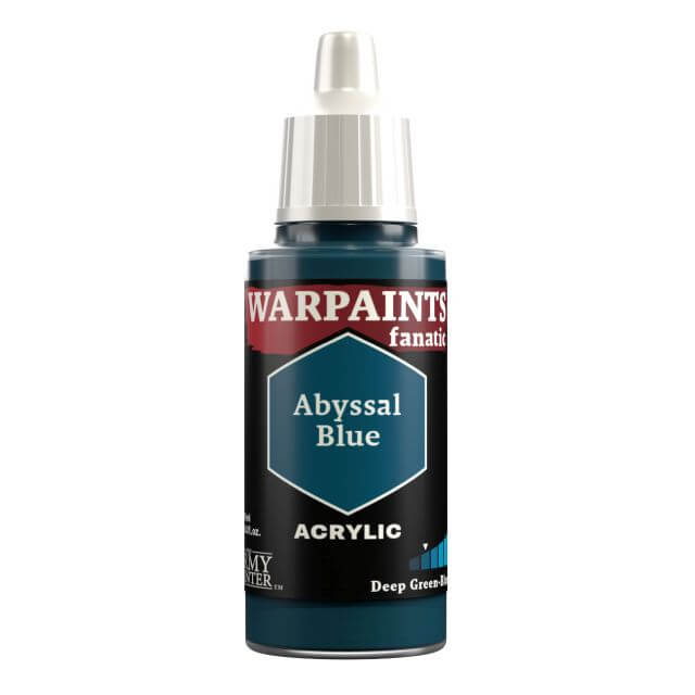 A bottle of Warpaints Fanatic: Abyssal Blue acrylic paint.