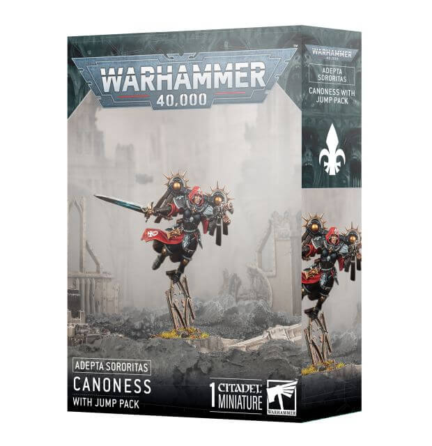 Packaging for Warhammer 40,000 Adepta Sororitas Canoness with Jump Pack miniature. The box displays the character with a jump pack and various weapon options, set against a war-torn backdrop.