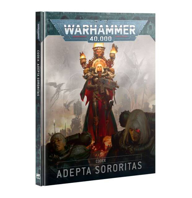 Cover of the Adepta Sororitas Codex 10th Edition for Warhammer 40,000, featuring an illustration of a female warrior, with sacred symbols and a dramatic backdrop.