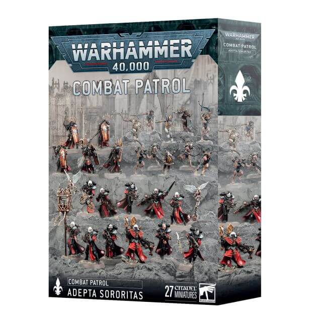 Product packaging for 'Warhammer 40,000: Combat Patrol - Adepta Sororitas' featuring illustrations of the miniatures included in the set.