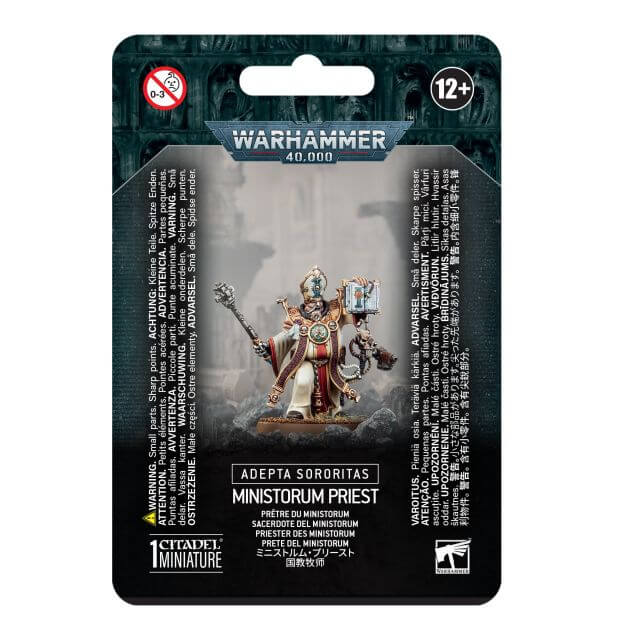 Packaging for Warhammer 40,000 Adepta Sororitas Ministorum Priest miniature, featuring the model on the front with game play information.