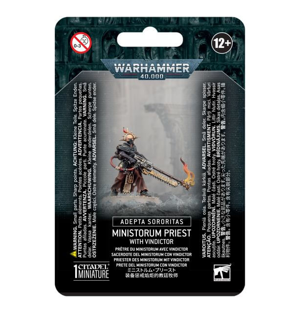 Packaging for Adepta Sororitas Ministorum Priest with Vindictor miniature, featuring the miniature itself holding a flamer and a chainsword, on a black background with game-related text.