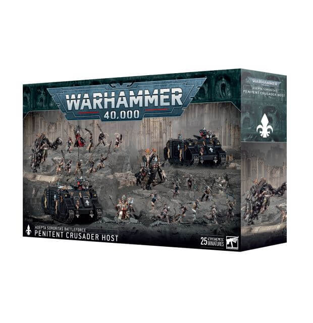 Box packaging for Warhammer 40,000 Penitent Crusader Host Battleforce featuring illustrations of the miniatures included in the set.