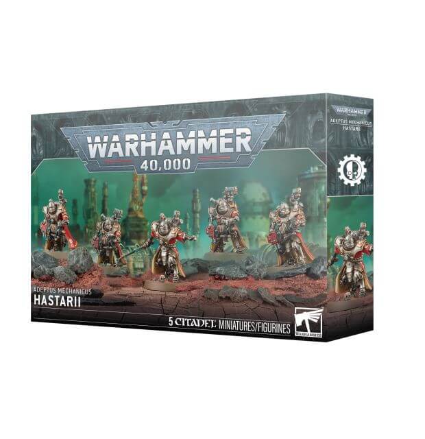 Warhammer 40,000 game box with red and gray miniatures on a detailed background
