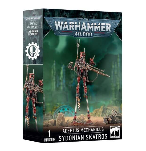 Product packaging for 'Adeptus Mechanicus Sydonian Skatros' featuring a miniature figurine equipped with cybernetic arms and a futuristic gun, set against a themed backdrop with 'Warhammer 40,000' branding.