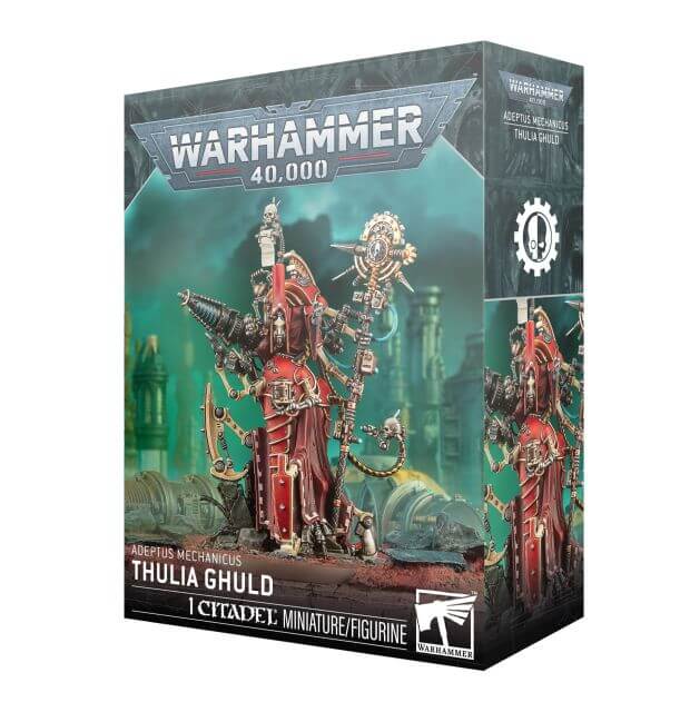 Warhammer 40,000 figurine packaging with detailed character on a white background