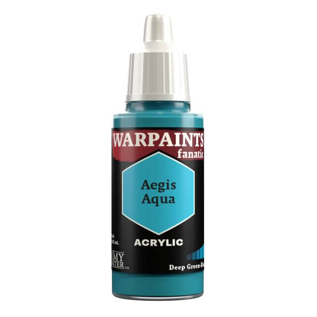 A bottle of Warpaints Fanatic Aegis Aqua acrylic paint in a 18ml container, with a label featuring the product name and branding.