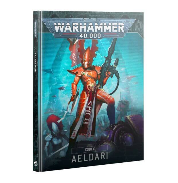 Cover of the Warhammer 40,000 Aeldari Codex featuring an illustration of an Aeldari character with a red and blue backdrop.
