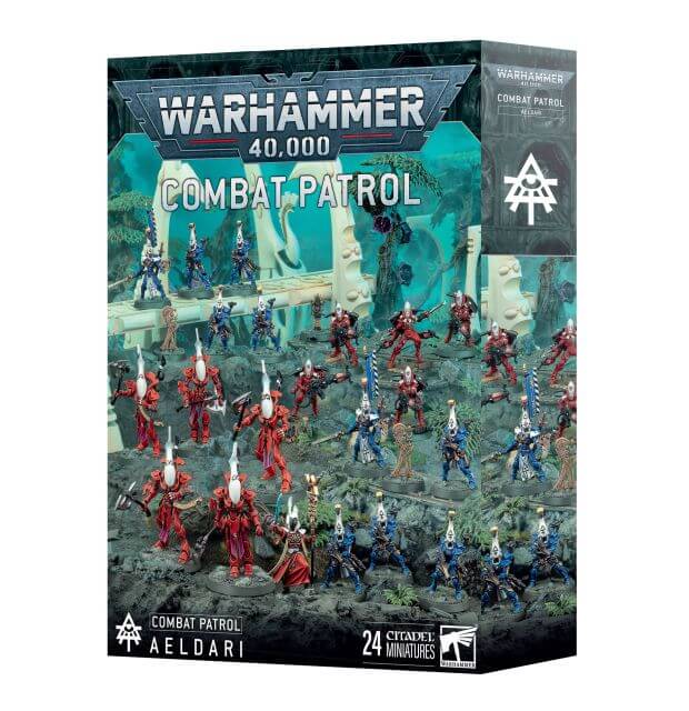 Box cover for Warhammer 40,000 Combat Patrol Aeldari, featuring illustrations of the Aeldari miniatures in various poses.
