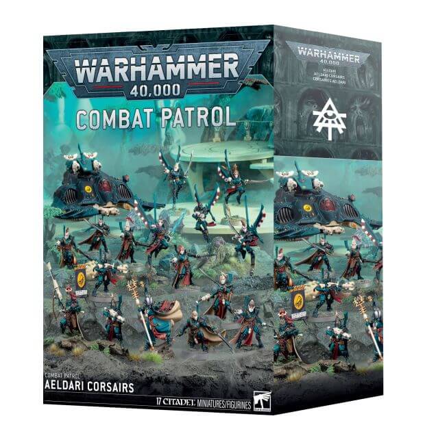 Warhammer 40,000 Combat Patrol game box with Aeldari Corsairs figures and vehicle.