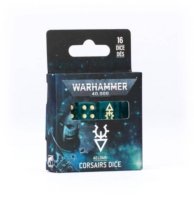 Warhammer 40,000 Aeldari Corsairs dice set packaging on a white background