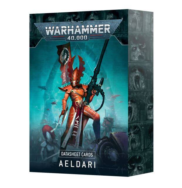 Packaging for Warhammer 40,000 Aeldari Datasheet Cards featuring illustrations of Aeldari characters and a teal color scheme.