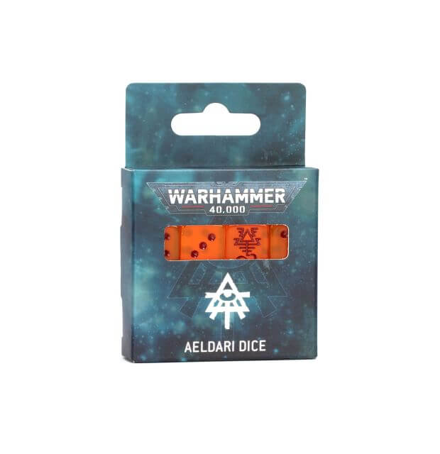 Packaging for Aeldari Dice 10th Edition, featuring 16 square-cornered six-sided dice for Warhammer 40,000. The dice are orange with dark red markings, displayed in a box with a space-themed background.